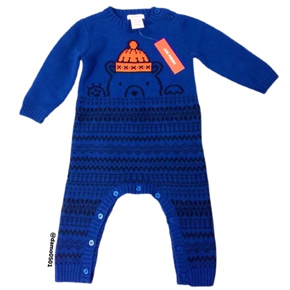 NWT Joe Fresh Baby Boys Bear Sweater Button Romper - Picture 2 of 10